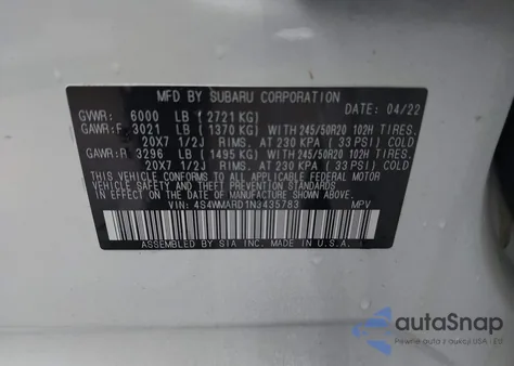 2022 Subaru Ascent Touring из США, поврежденный, VIN 4S4WMARD1N3435783